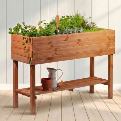 Wooden planter box on legs with lower shelf for garden, balcony or terrace