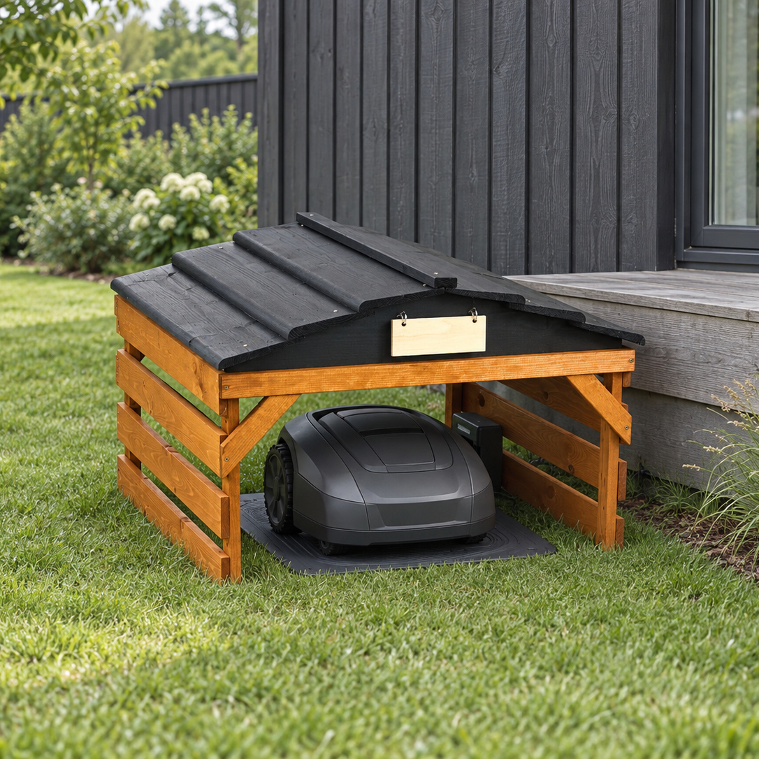 PLOKK 7045 robotic lawn mower garage, teak brown / black, wood roof, beside a Nordic garden terrace with a robotic mower and charging base