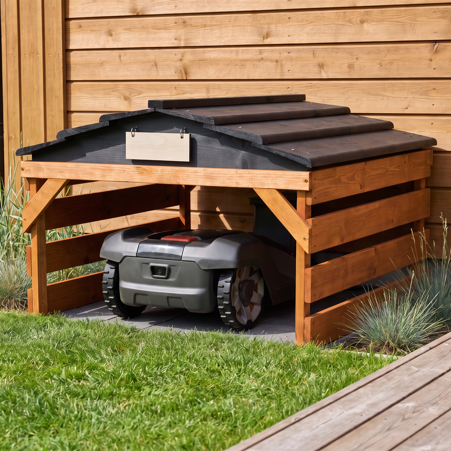 Robotic lawn mower garage, open ended with wooden roof, teak brown/black beside a Nordic house or terrace, with a docked robotic mower