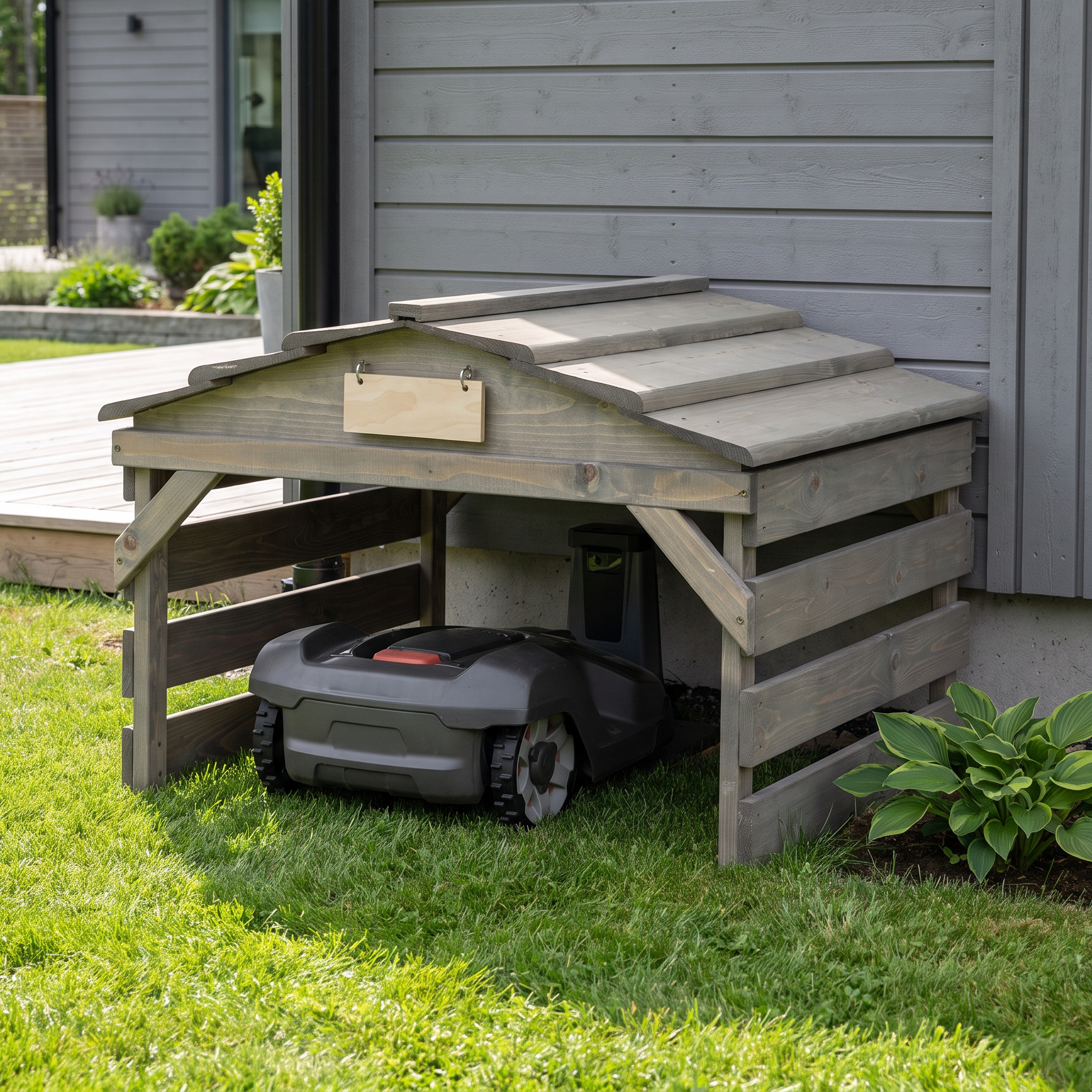 Robotic lawn mower garage, open ended with wooden roof, gray/gray beside a Nordic house or terrace, with a docked robotic mower